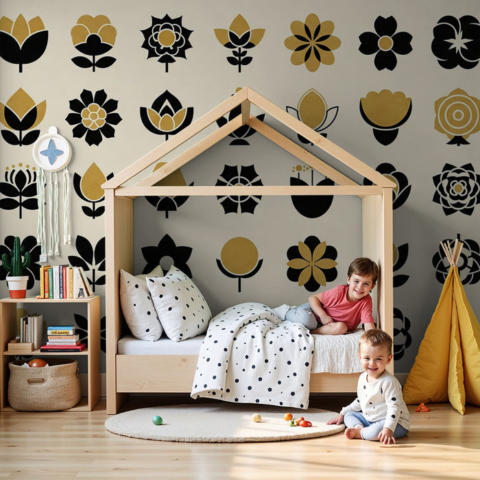 Papier de parede detskej izby | Moderné kvetinové motívy v čiernom a zlate