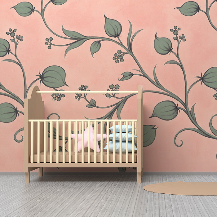 Nursery wallpaper | Floral patterns on a soft pink background