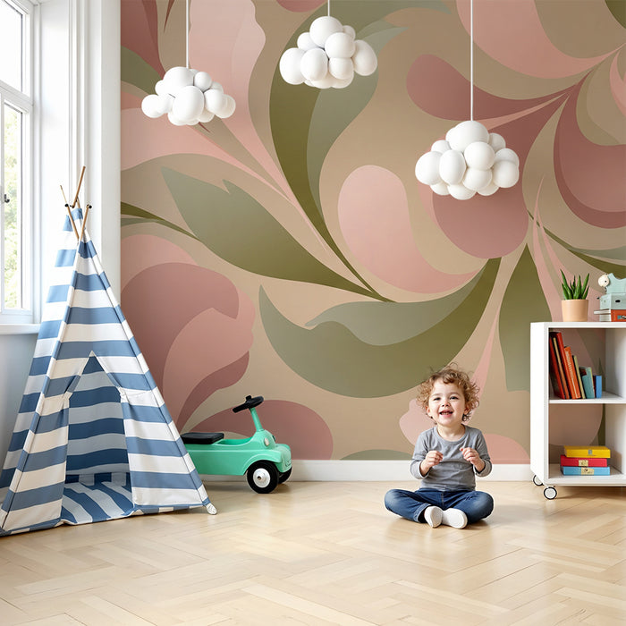 Papel pintado para habitación infantil | Motivos florales vintage en rosa y verde
