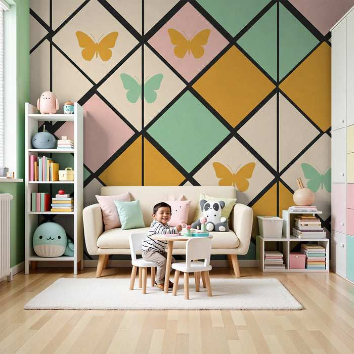 Nursery wallpaper | Colorful geometric patterns with delicate butterflies