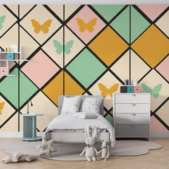 Nursery wallpaper | Colorful geometric patterns with delicate butterflies