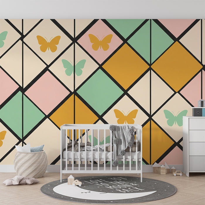 Nursery wallpaper | Colorful geometric patterns with delicate butterflies