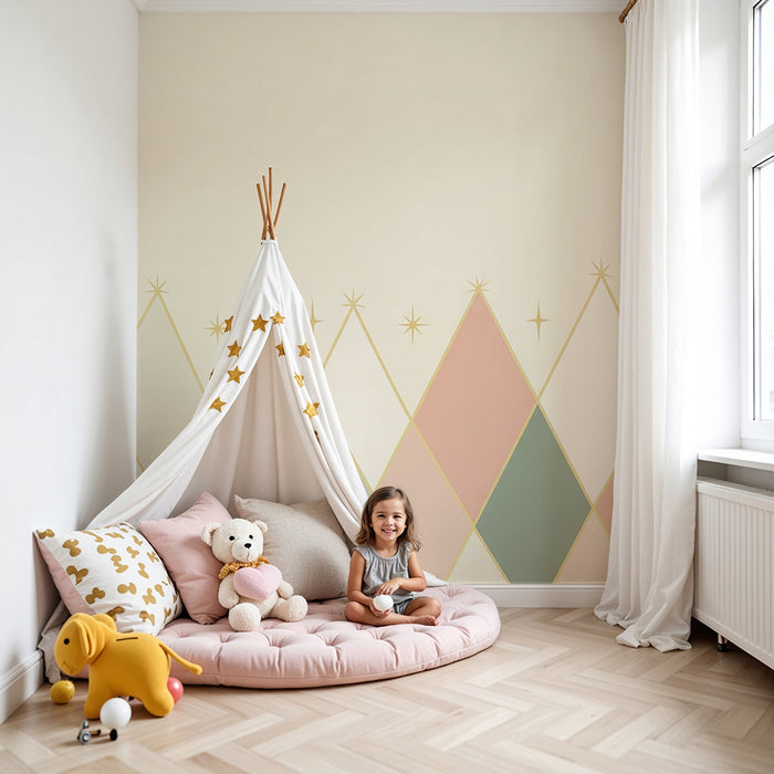 Papel de perete camera bebelușului | Modele geometrice moi cu stele aurii