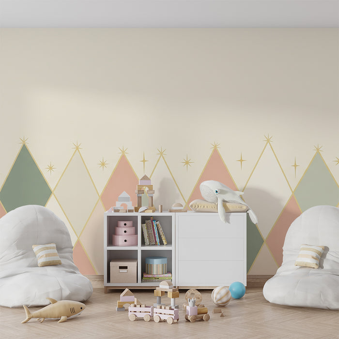 Papel de perete camera bebelușului | Modele geometrice moi cu stele aurii