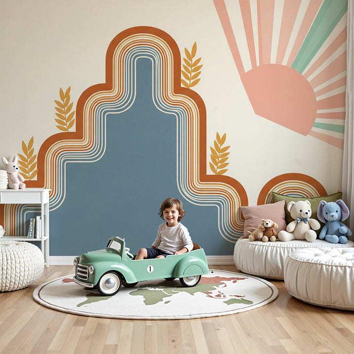 Papel pintado para habitación infantil | Motivos geométricos suaves con rayos de sol y follaje