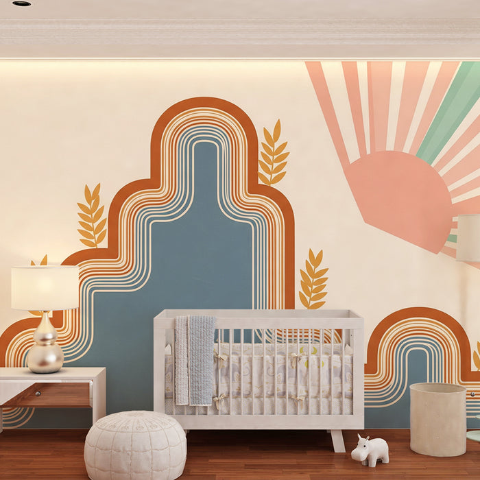 Papel pintado para habitación infantil | Motivos geométricos suaves con rayos de sol y follaje