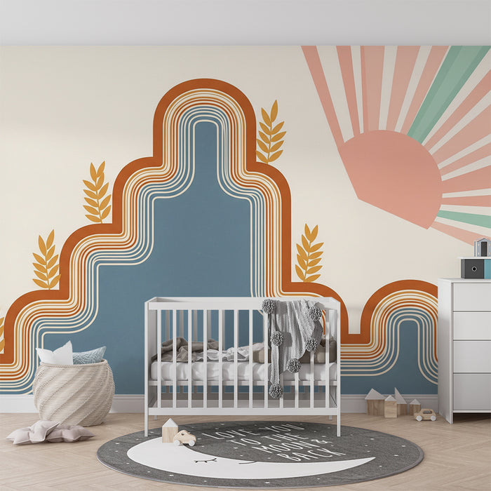 Papel pintado para habitación infantil | Motivos geométricos suaves con rayos de sol y follaje