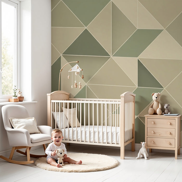 Barntapet | Mjuka geometriska mönster i gröna och beige toner