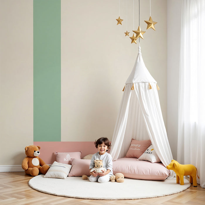 Papel pintado para habitación infantil | Motivos geométricos suaves en verde y rosa