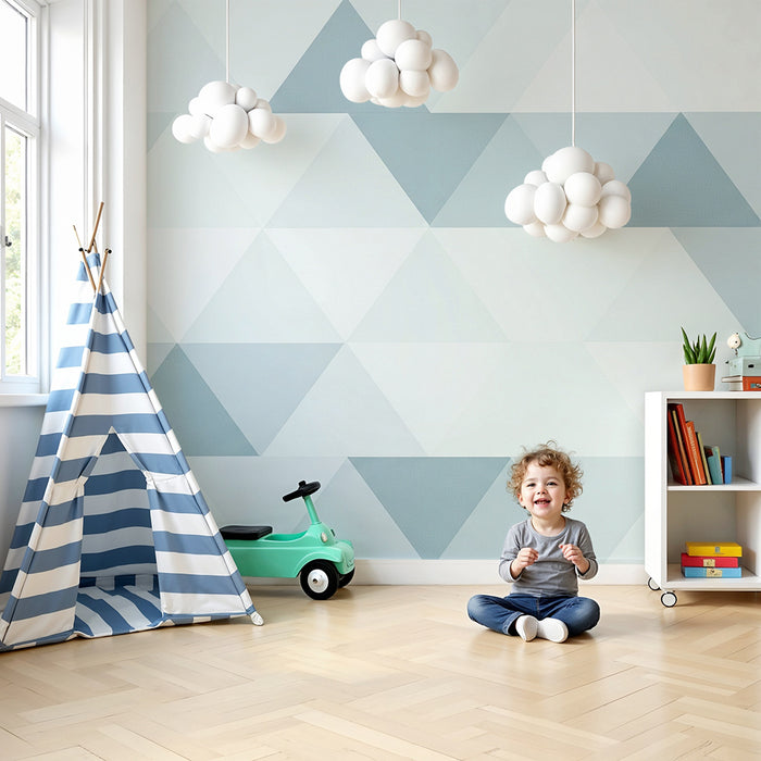 Papel pintado para habitación infantil | Diseños geométricos en tonos suaves de azul y blanco
