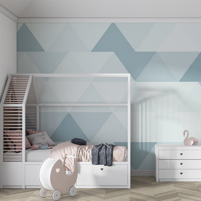 Papel pintado para habitación infantil | Diseños geométricos en tonos suaves de azul y blanco