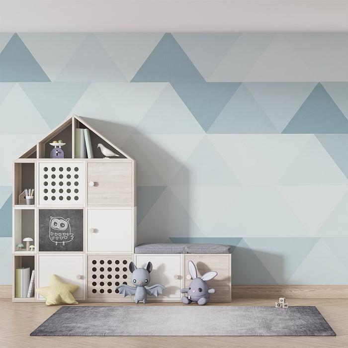 Papel pintado para habitación infantil | Diseños geométricos en tonos suaves de azul y blanco