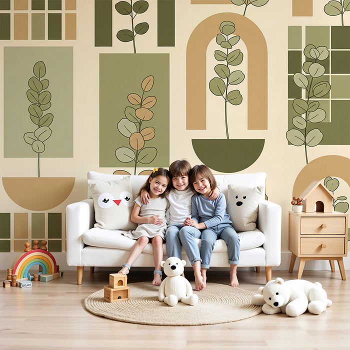 Papier peint chambre bébé | Motifs géométriques et feuillage apaisant