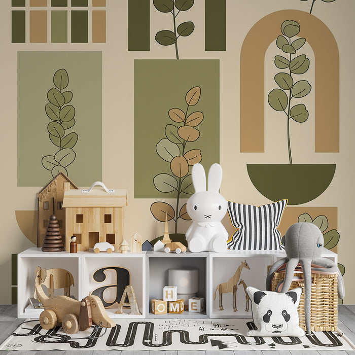 Papier peint chambre bébé | Motifs géométriques et feuillage apaisant