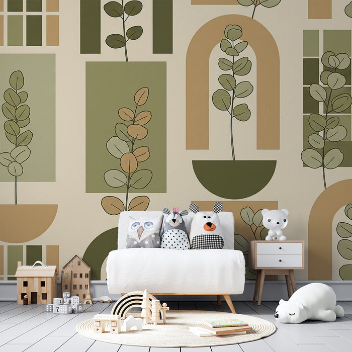 Papier peint chambre bébé | Motifs géométriques et feuillage apaisant