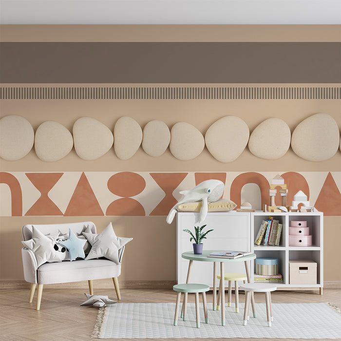 Papel de parede para quarto de bebé | Motivos geométricos e seixos suaves em tons neutros