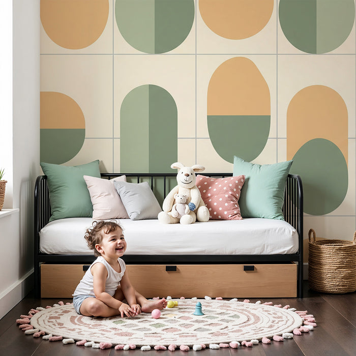 Papel de parede quarto bebê | Padrões geométricos amarelo e verde em tons pastel