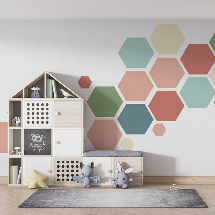 Papier de parede pre detsku izbu | Farebné hexagonálne vzory na jemnom pozadí