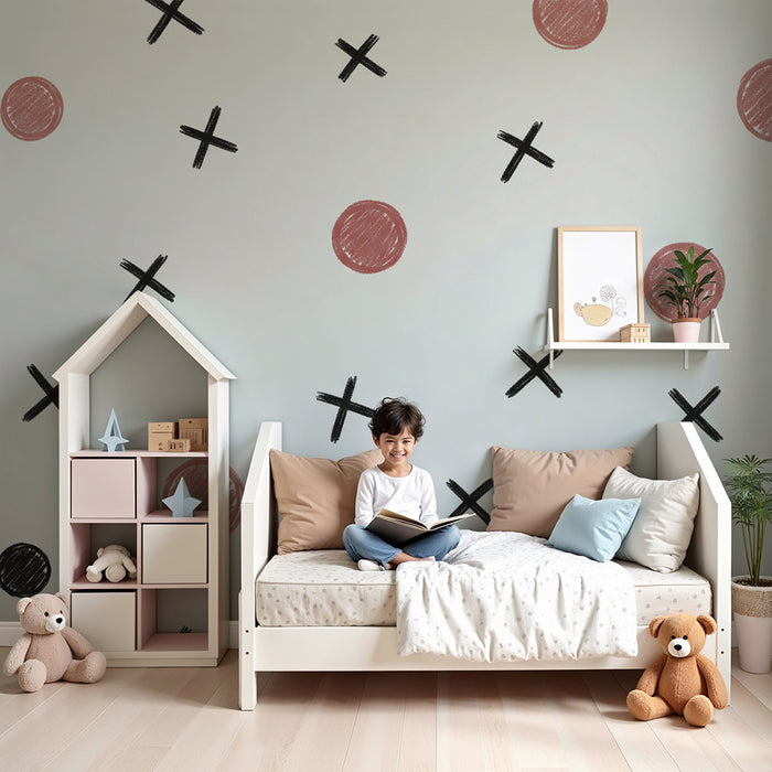 Papel de parede para quarto de bebé | Motivos lúdicos de círculos e cruzes em rosa e preto