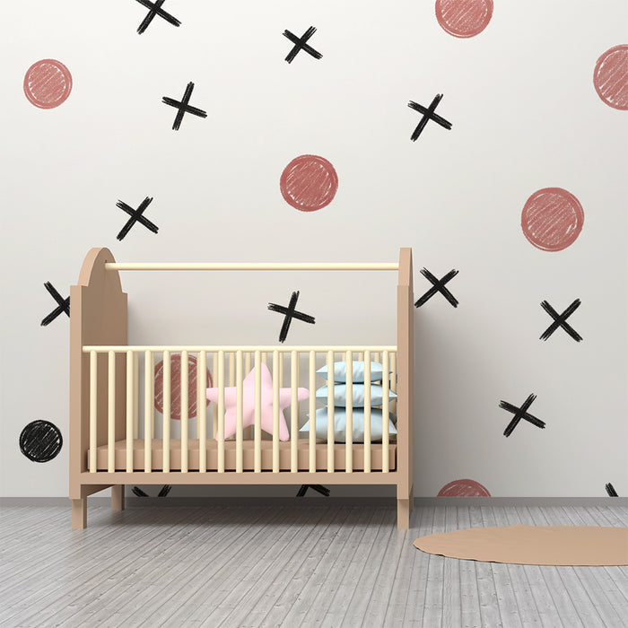 Papel de parede para quarto de bebé | Motivos lúdicos de círculos e cruzes em rosa e preto