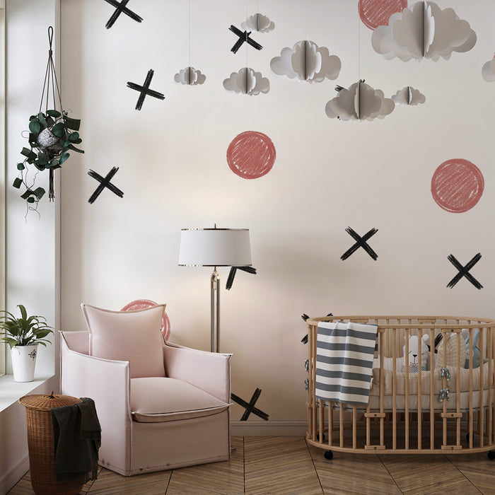 Papel de parede para quarto de bebé | Motivos lúdicos de círculos e cruzes em rosa e preto