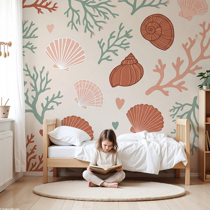 Papel pintado para habitación infantil | Motivos marinos con conchas y corales de colores