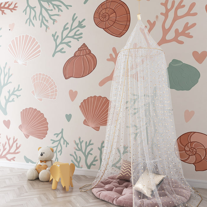 Papel pintado para habitación infantil | Motivos marinos con conchas y corales de colores