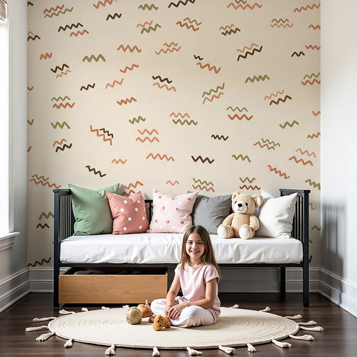 Papel de parede para quarto de bebé | Motivos ondulados em tons suaves sobre fundo creme