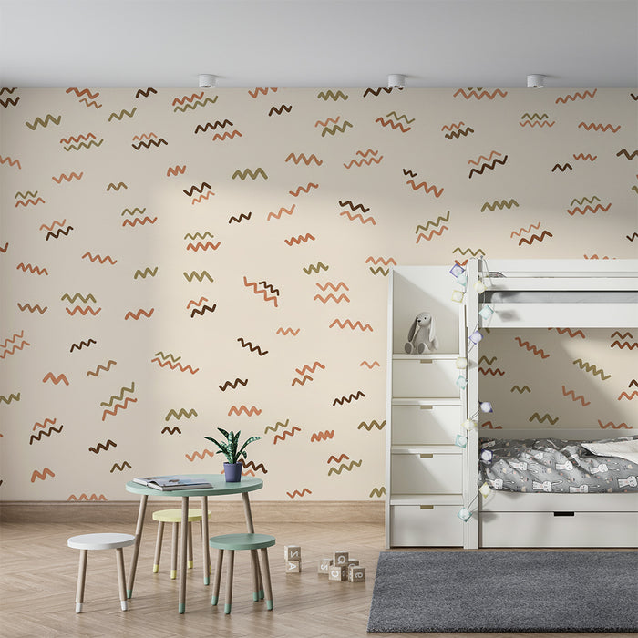 Papel de parede para quarto de bebé | Motivos ondulados em tons suaves sobre fundo creme