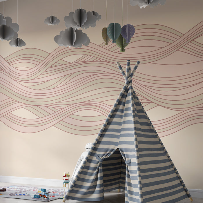 Tapety dla dzieci | Delikatne fale w różowych i zielonych motywach na kremowym tle