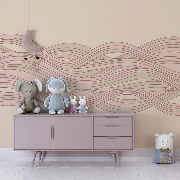 Tapety dla dzieci | Delikatne fale w różowych i zielonych motywach na kremowym tle