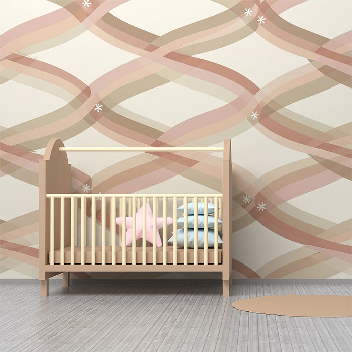 Papier peint chambre bébé | Motifs ondulés en rose et beige avec fleurs délicates