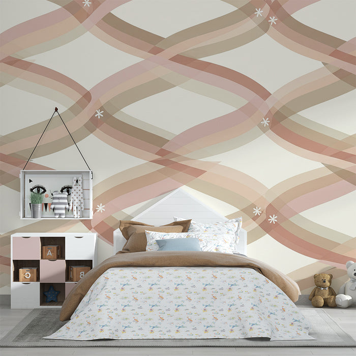 Papier peint chambre bébé | Motifs ondulés en rose et beige avec fleurs délicates