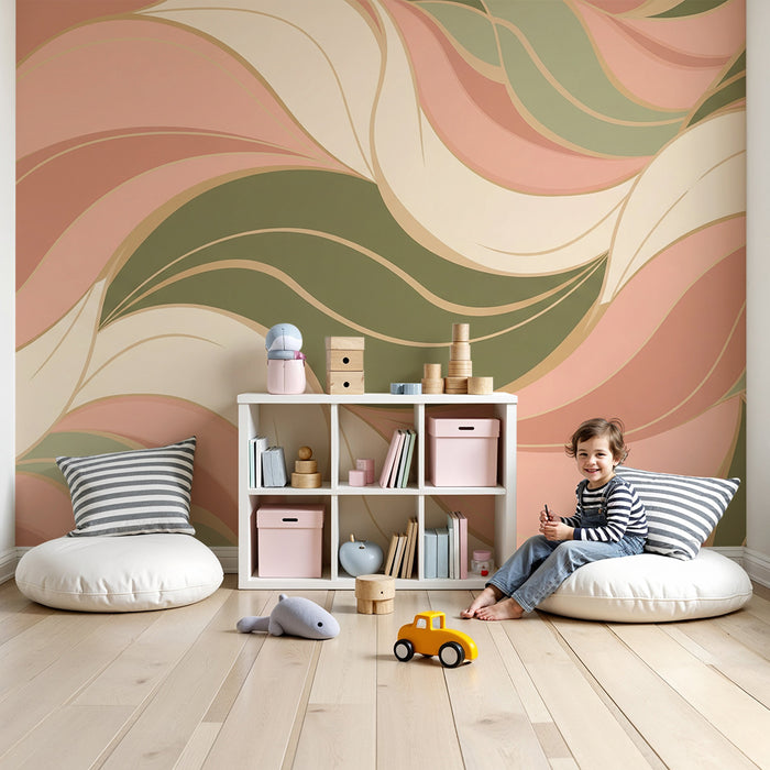 Papel de parede para quarto de bebé | Padrão ondulado em tons suaves de rosa e verde