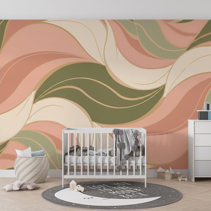 Papel de parede para quarto de bebé | Padrão ondulado em tons suaves de rosa e verde