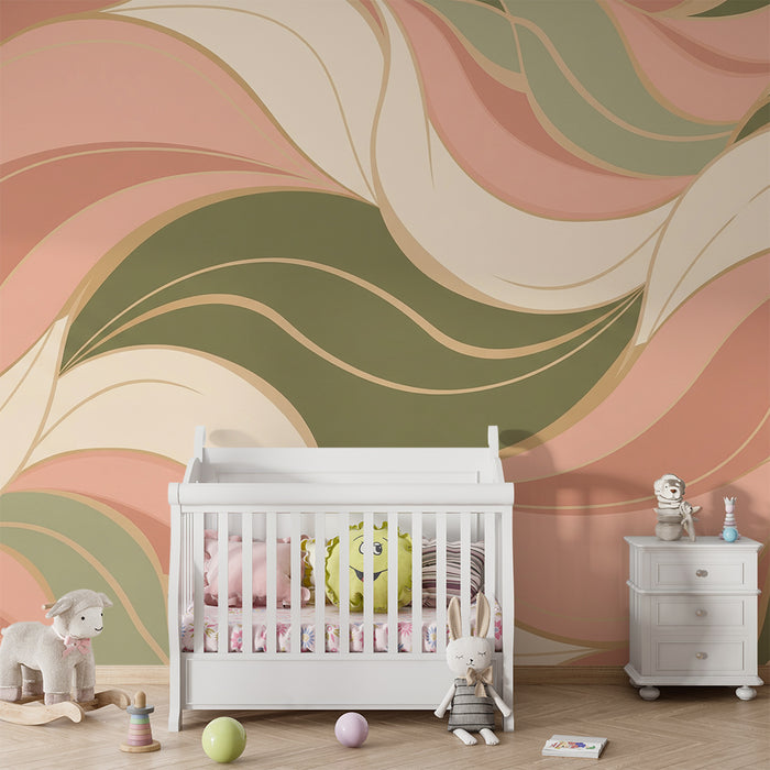 Papel de parede para quarto de bebé | Padrão ondulado em tons suaves de rosa e verde