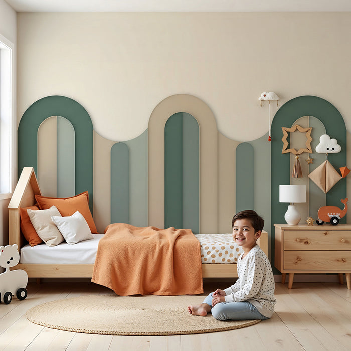 Papier peint chambre bébé | Motifs ondulés en tons doux de vert et beige