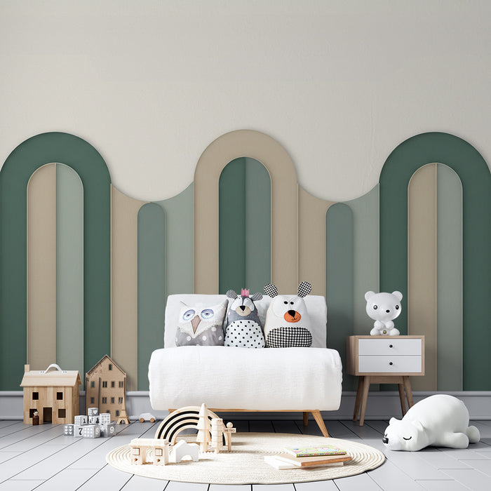 Papier peint chambre bébé | Motifs ondulés en tons doux de vert et beige