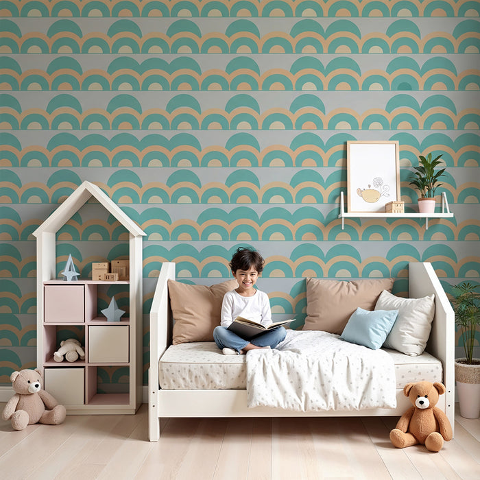 Papel pintado para habitación infantil | Motivos ondulados en turquesa y melocotón para un ambiente suave
