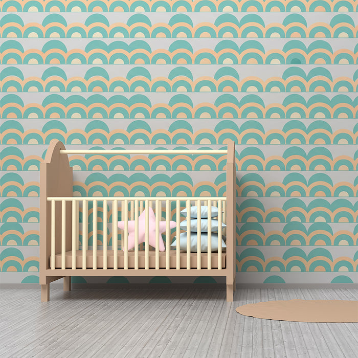 Papel pintado para habitación infantil | Motivos ondulados en turquesa y melocotón para un ambiente suave