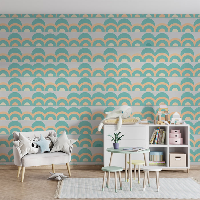 Papel pintado para habitación infantil | Motivos ondulados en turquesa y melocotón para un ambiente suave