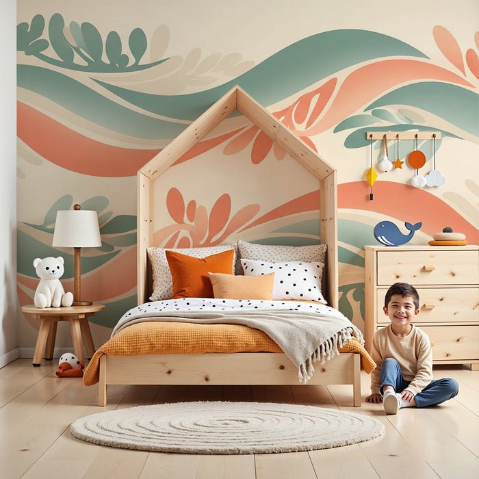 Papier peint chambre bébé | Motifs ondulés et feuillage doux en tons pastel