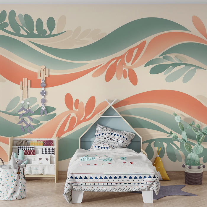 Papier peint chambre bébé | Motifs ondulés et feuillage doux en tons pastel