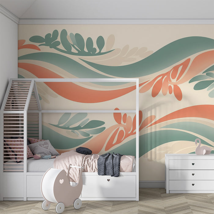 Papier peint chambre bébé | Motifs ondulés et feuillage doux en tons pastel