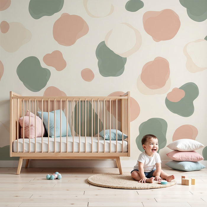 Tapety dla dzieci | Delikatne organiczne wzory w różu i zieleni na kremowym tle