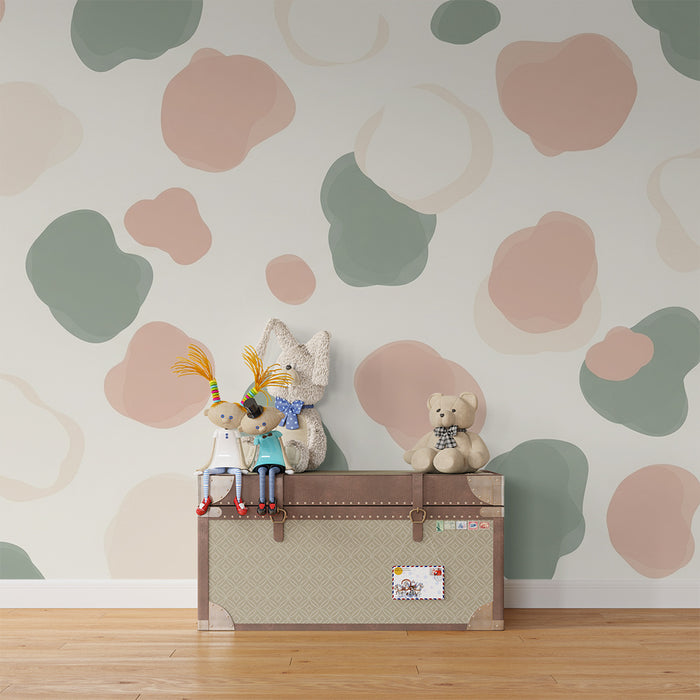 Tapety dla dzieci | Delikatne organiczne wzory w różu i zieleni na kremowym tle