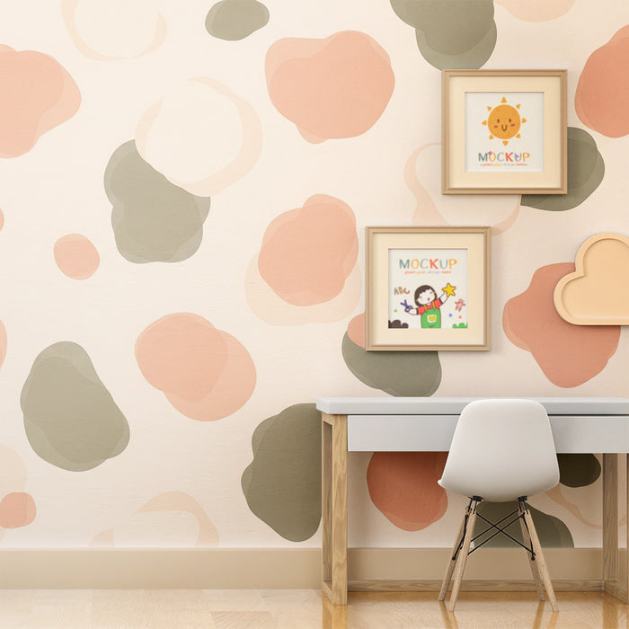 Tapety dla dzieci | Delikatne organiczne wzory w różu i zieleni na kremowym tle