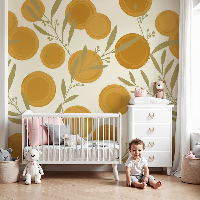 Papier peint chambre bébé | Motifs ronds dorés et feuillage délicat