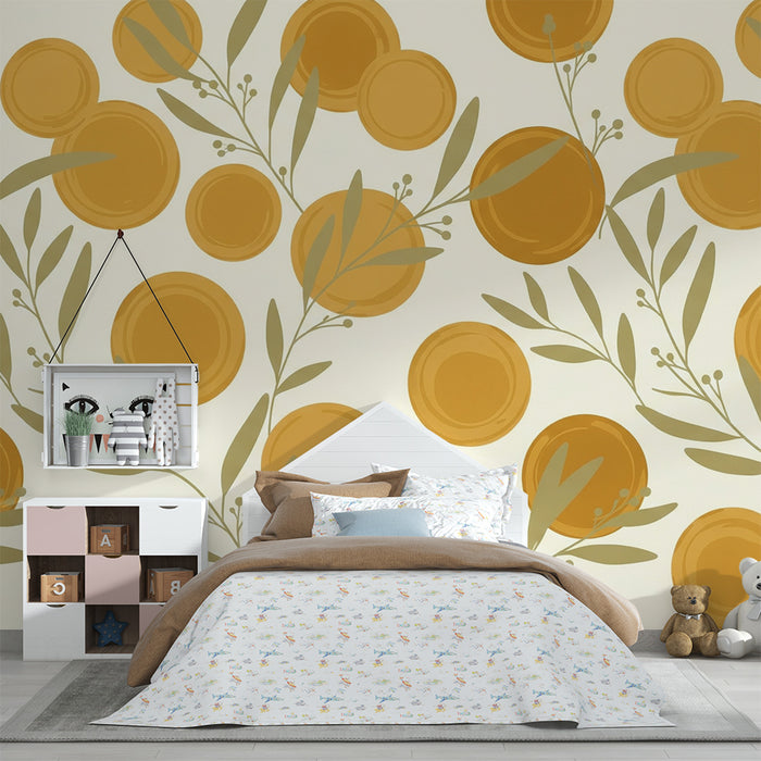 Papier peint chambre bébé | Motifs ronds dorés et feuillage délicat