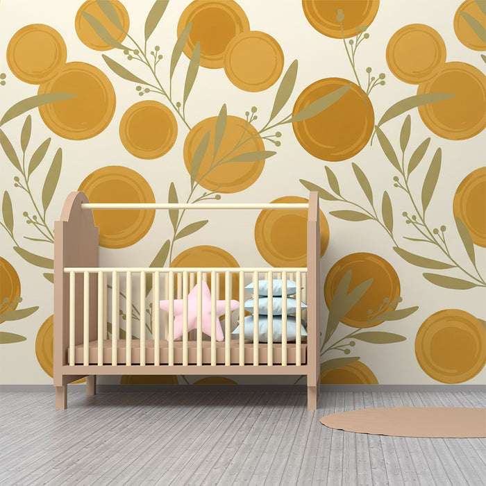Papier peint chambre bébé | Motifs ronds dorés et feuillage délicat